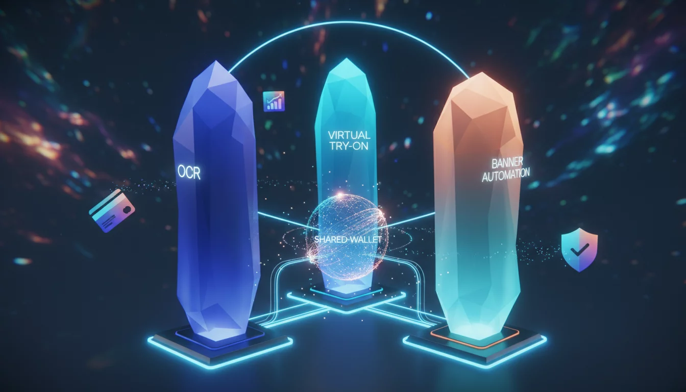 Three connected engines representing OCR, virtual try-on, and banner automation sharing a unified credit wallet