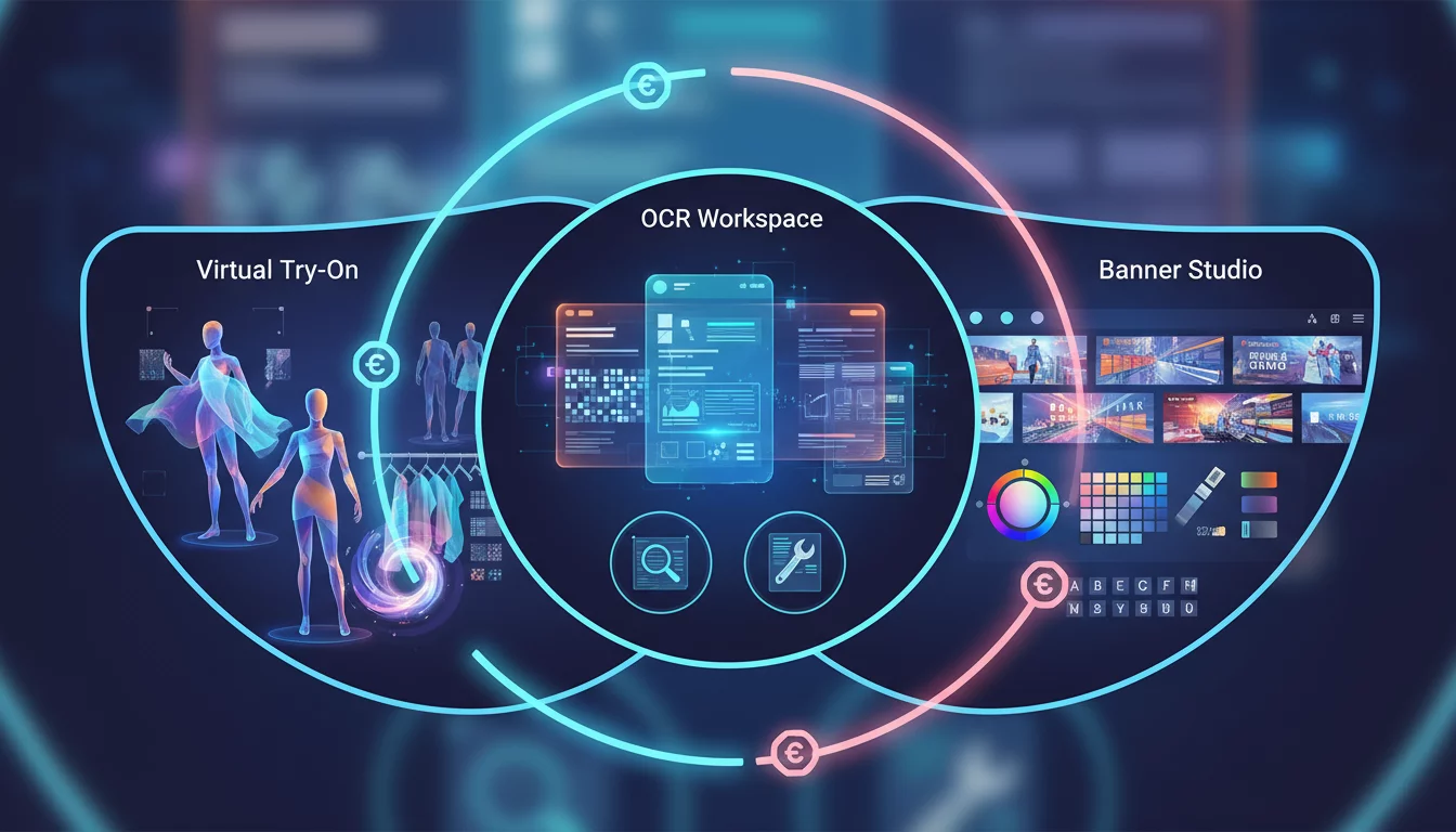 Illustration of OCRMatrix workspaces for documents, virtual try-ons, and banner studio connected together