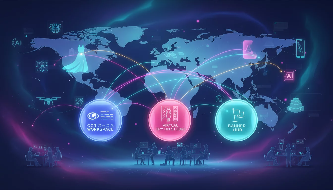 Illustration of the OCRMatrix platform connecting global teams across OCR, virtual try-on, and banner automation