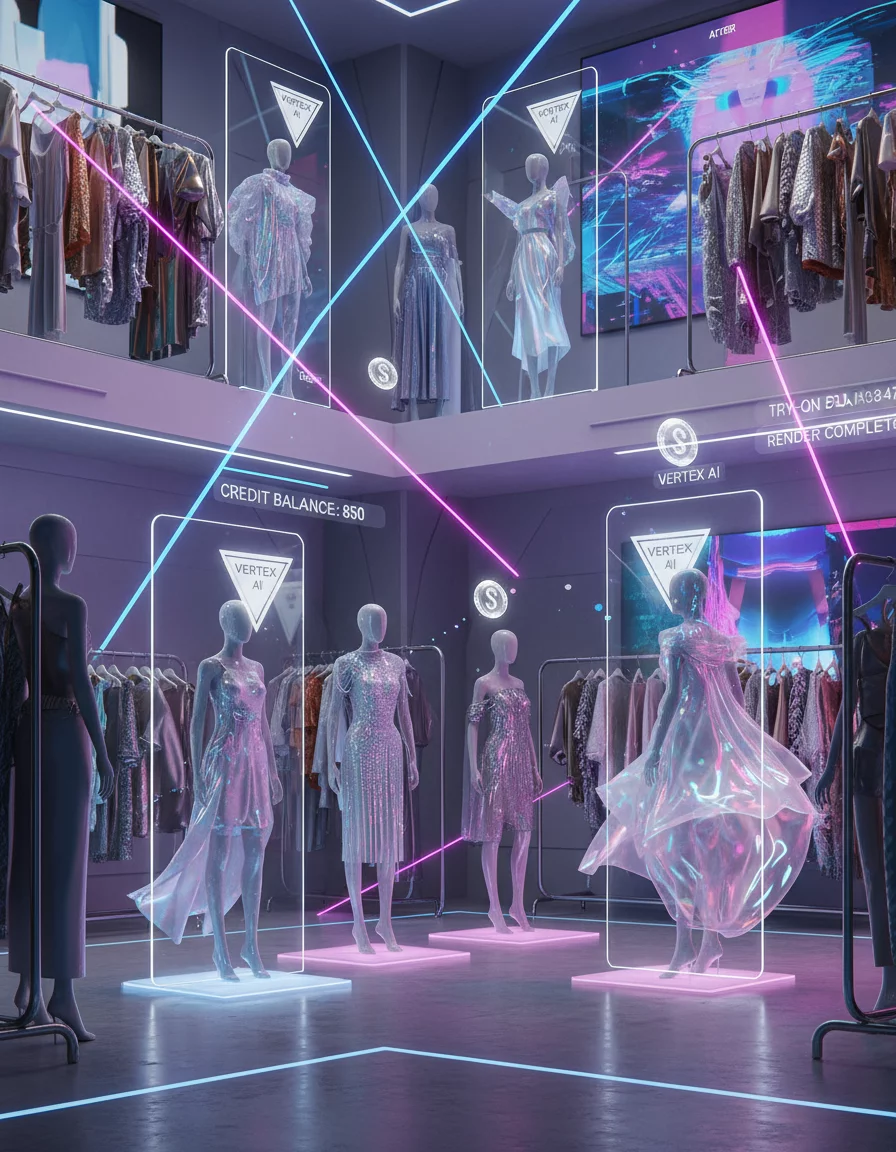 Stylised studio showing OCRMatrix virtual try-on technology in action